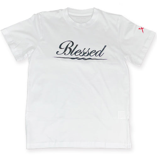 white and black blessed tee